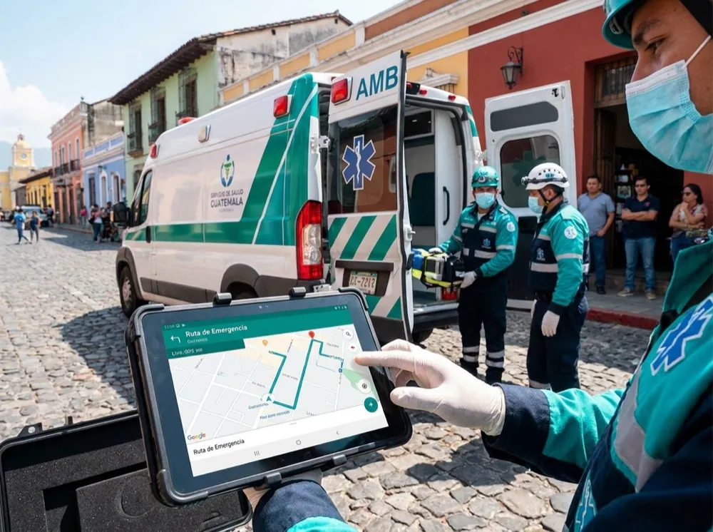 Paramédico en Guatemala consultando la ruta de emergencia en una tablet frente a una ambulancia con el equipo cargando a un paciente