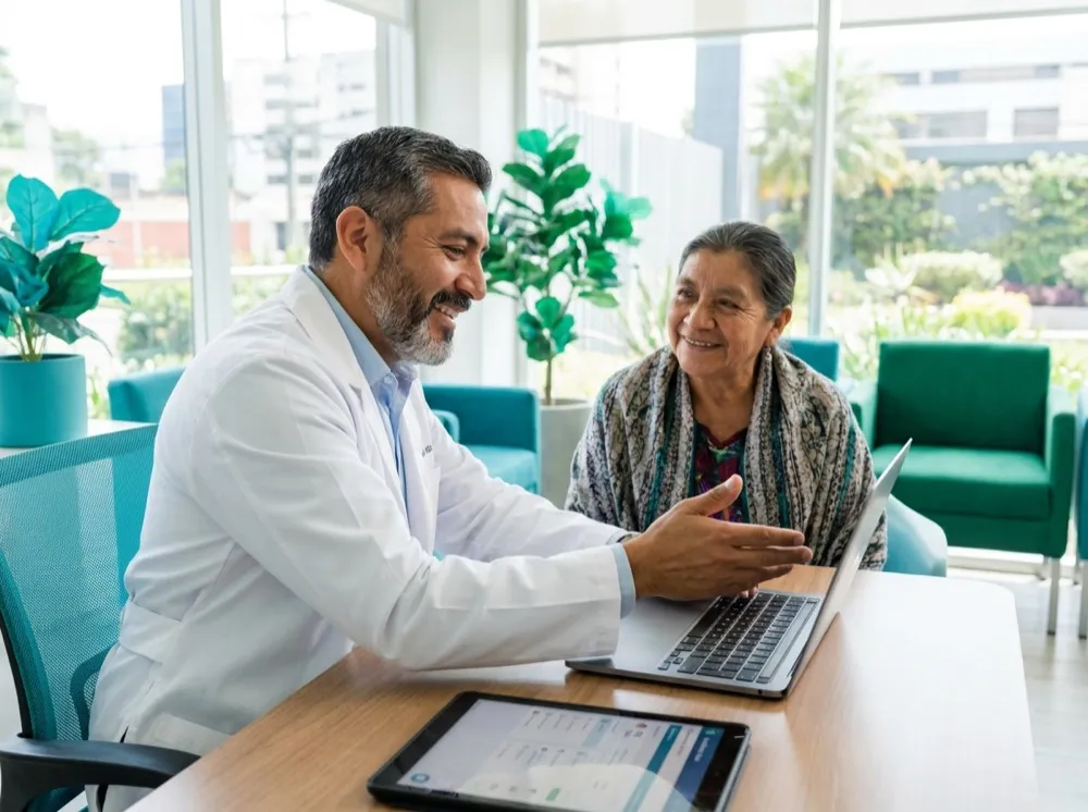 Doctora en su consultorio en Guatemala mostrando una receta digital en una tablet
