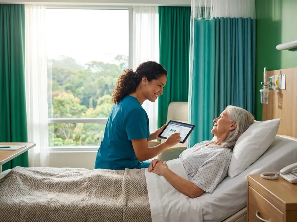Enfermera junto a la cama de una paciente revisando sus signos vitales en una tablet