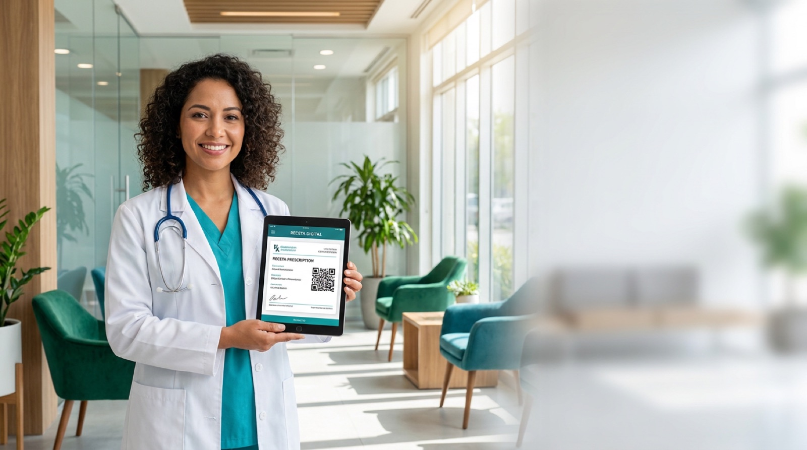 Médica en una clínica moderna de Guatemala mostrando una receta digital con código QR en una tablet