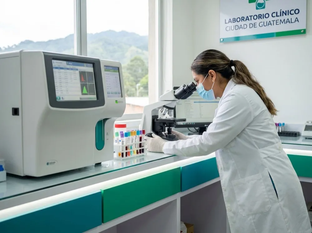 Técnica de laboratorio clínico procesando muestras con equipo de análisis