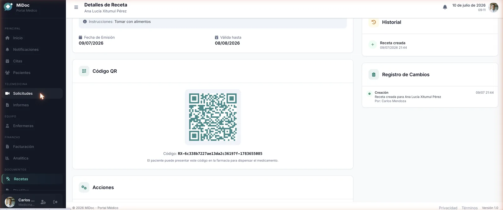 Detalle de una receta digital con diagnóstico, medicamento con dosis y código QR de verificación