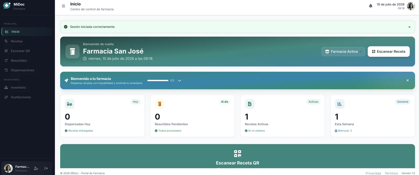 Dashboard del portal de farmacia de MiDoc con la actividad de despachos del día y accesos al inventario