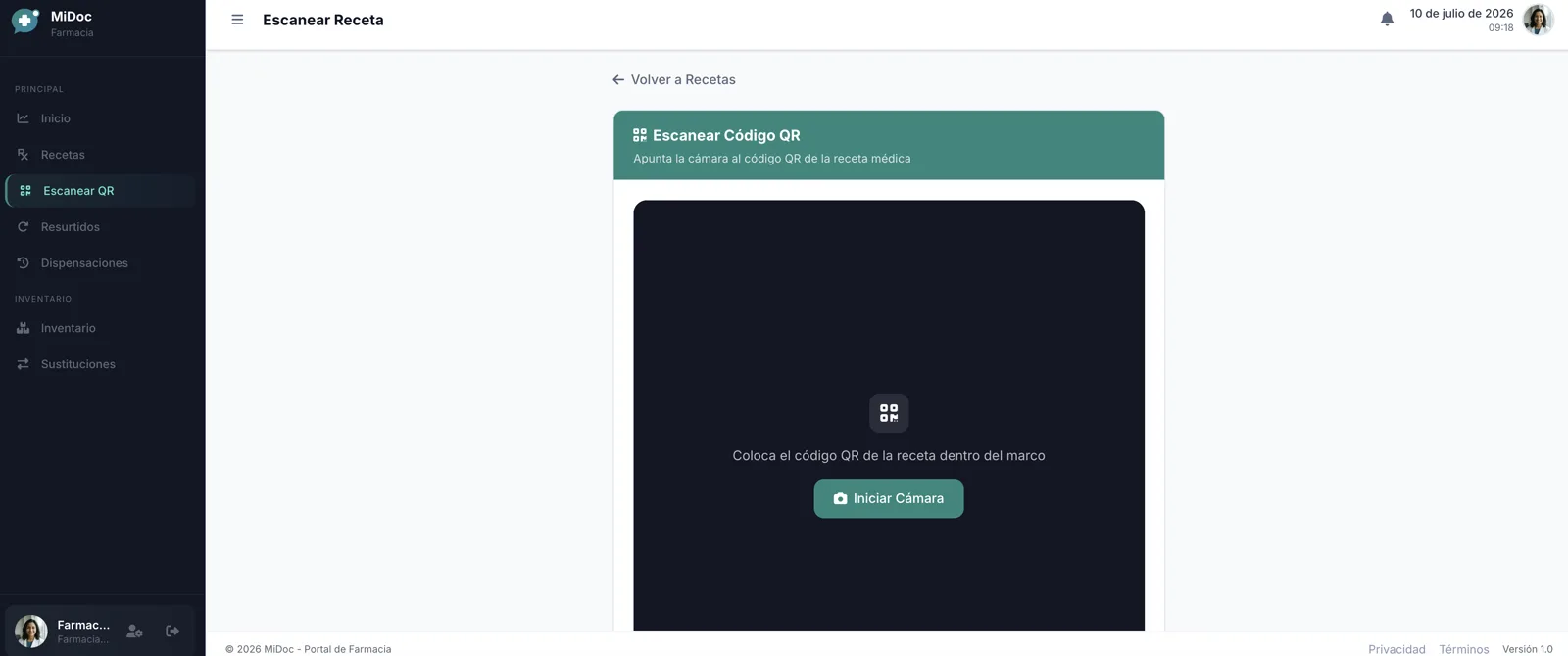 Pantalla del escáner de recetas del portal de farmacia de MiDoc con lector de código QR y validación de la receta