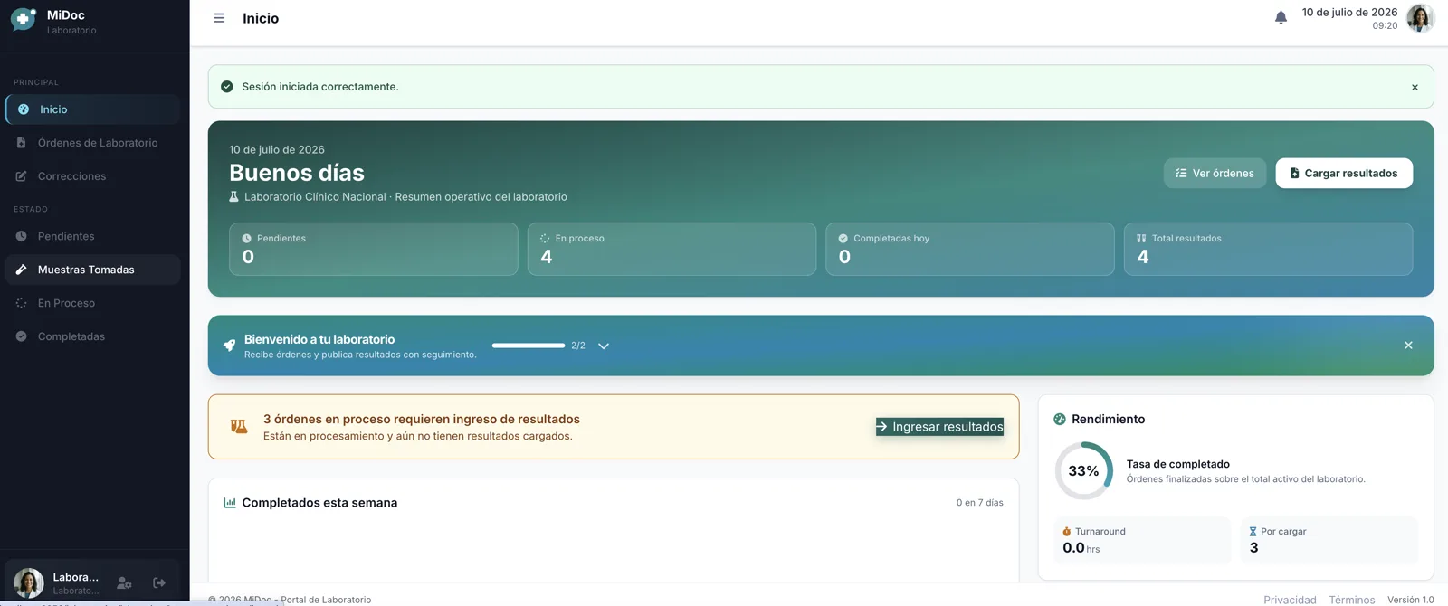 Dashboard del portal de laboratorio de MiDoc con el resumen de órdenes del día y su estado de avance