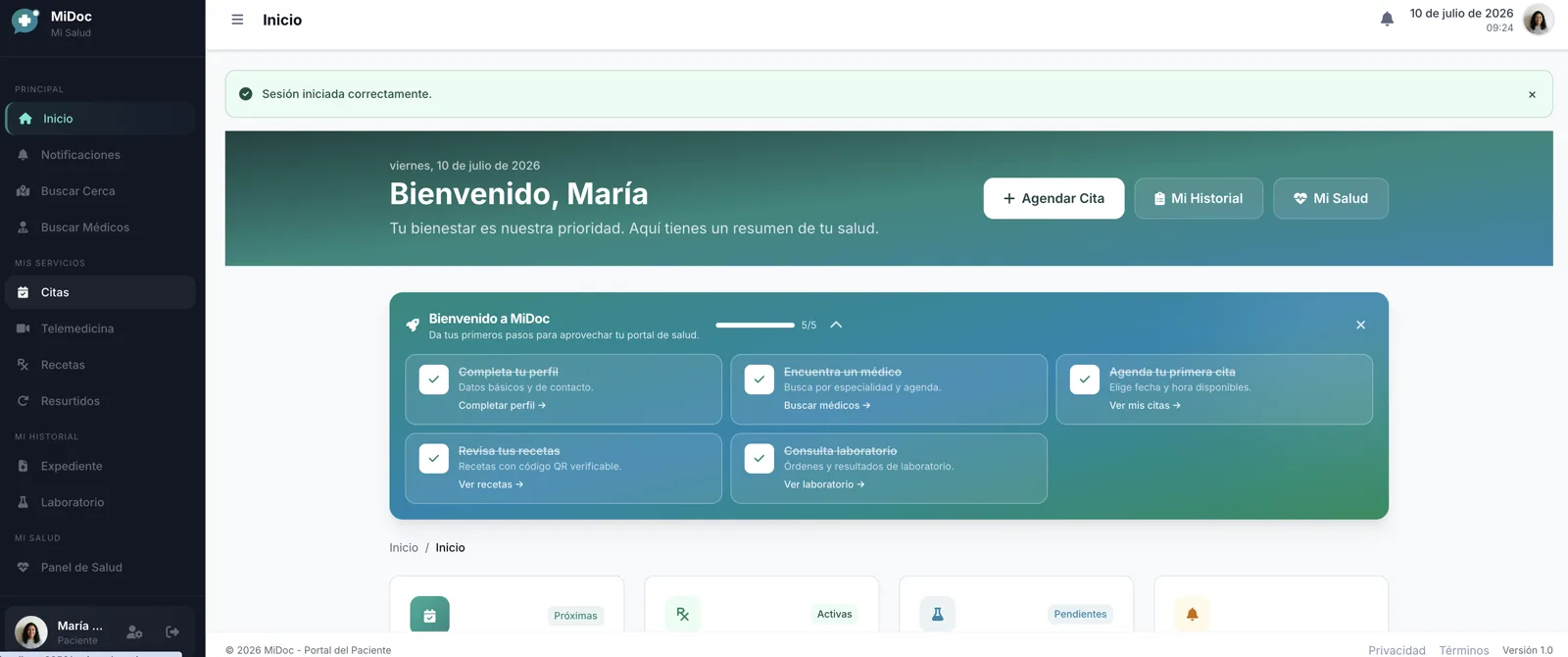 Dashboard del portal del paciente en MiDoc con próximas citas, recetas activas y accesos a expediente y resultados